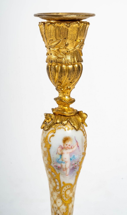 Pair Of Small Miniature Candlesticks In Porcelain And Gilt Bronze 19th Century