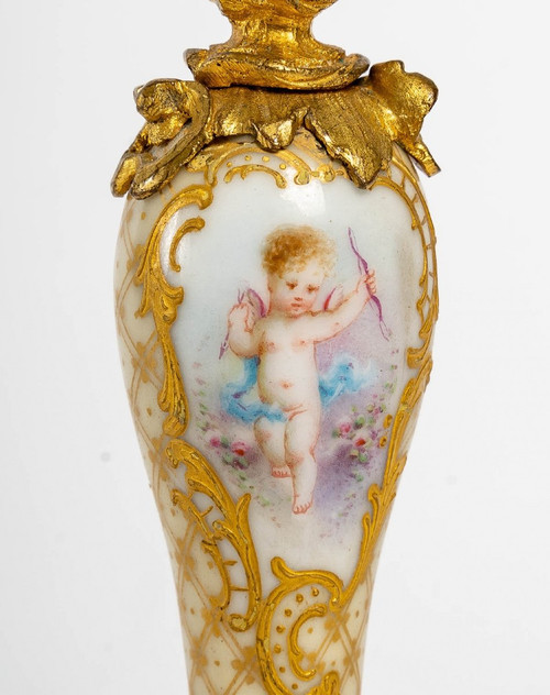 Pair Of Small Miniature Candlesticks In Porcelain And Gilt Bronze 19th Century