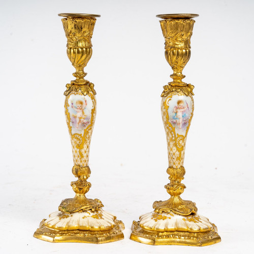 Pair Of Small Miniature Candlesticks In Porcelain And Gilt Bronze 19th Century