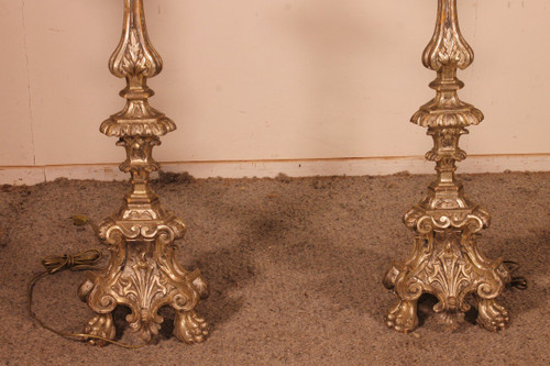 Pair Of Italian Torcheres In Silver Wood Early 19th Century