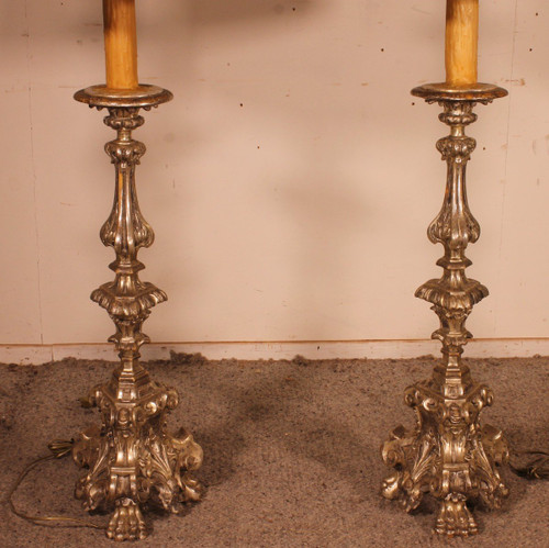 Pair Of Italian Torcheres In Silver Wood Early 19th Century