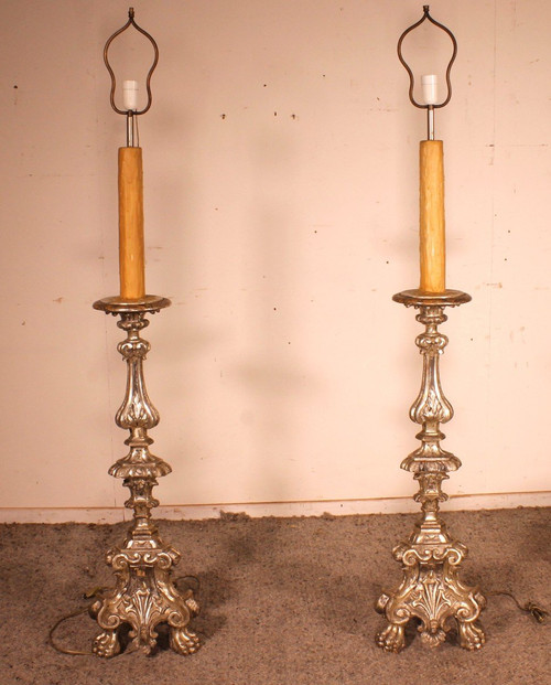 Pair Of Italian Torcheres In Silver Wood Early 19th Century