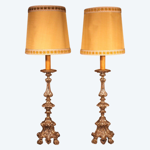 Pair Of Italian Torcheres In Silver Wood Early 19th Century