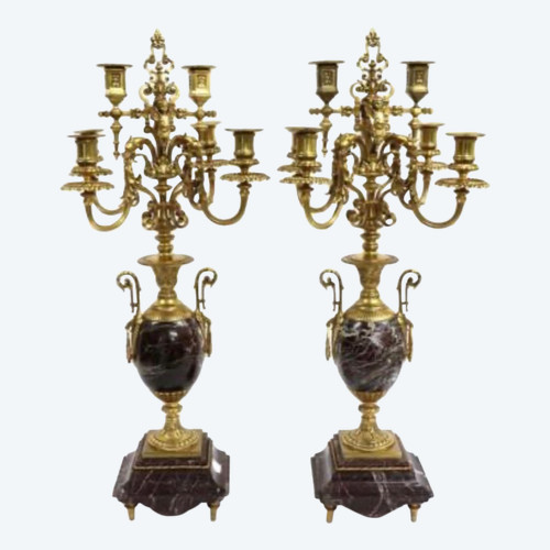 Coppia di candelabri in bronzo dorato e marmo rosso Fine Ottocento