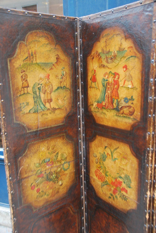 Screen With 4 Painted Leaves In Cordoba Leather