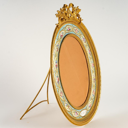 Large Bronze and Enamel Oval Photo Frame Late 19th Century