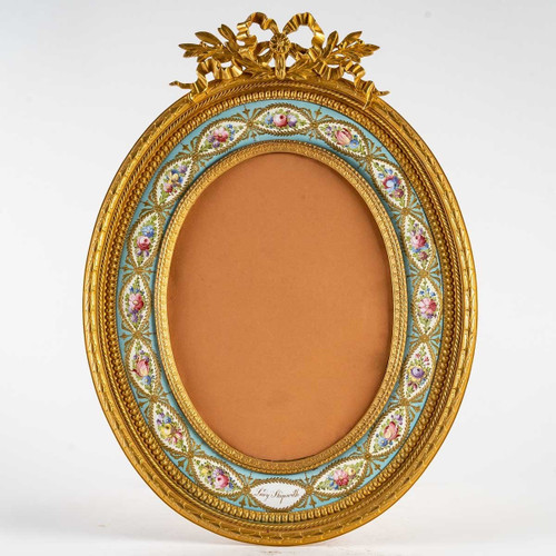 Large Bronze and Enamel Oval Photo Frame Late 19th Century