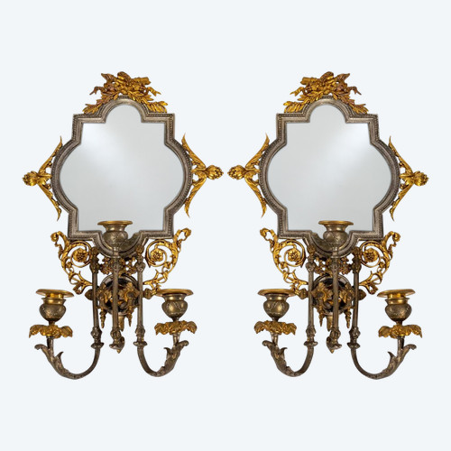 Pair of Gilded Bronze Applique Mirrors Late 19th Century