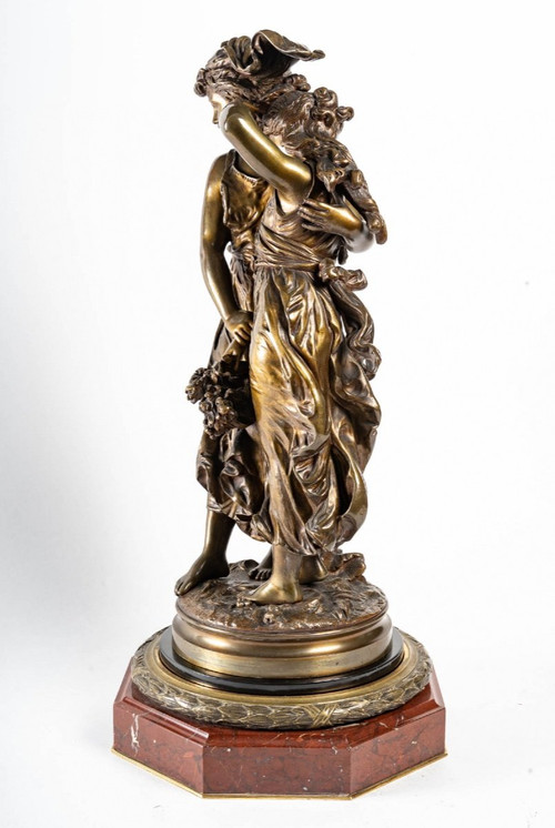 Scultura delle due sorelle con cesto di fiori In bronzo Hippolyte François Moreau