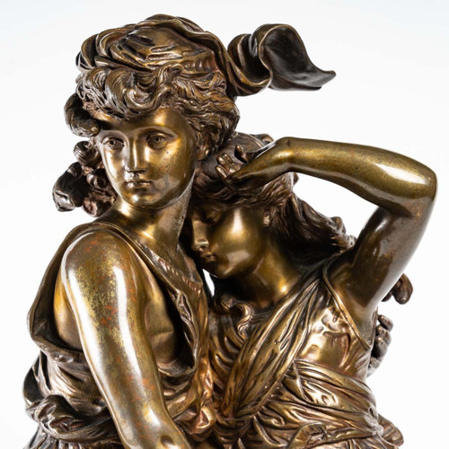 Scultura delle due sorelle con cesto di fiori In bronzo Hippolyte François Moreau