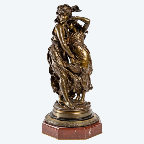 Scultura delle due sorelle con cesto di fiori In bronzo Hippolyte François Moreau