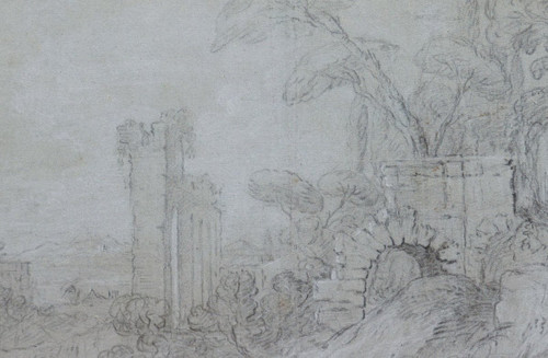 18th century FRENCH SCHOOL, Ruins and figures in an Italian landscape