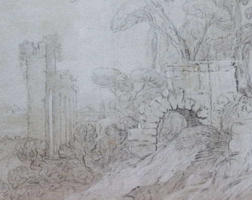 18th century FRENCH SCHOOL, Ruins and figures in an Italian landscape