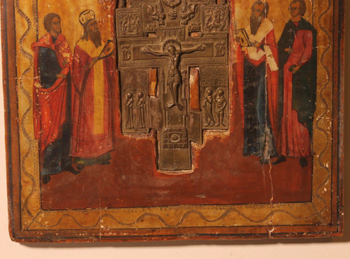 Russian Icon With Processional Cross 19th Century