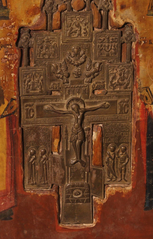 Russian Icon With Processional Cross 19th Century