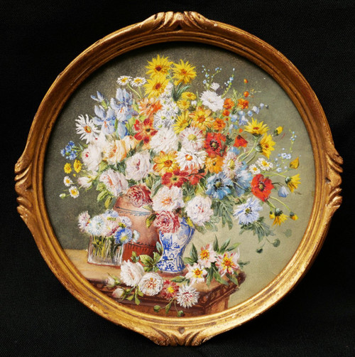 French school circa 1900, Still life with vases and glass of flowers on an entablature