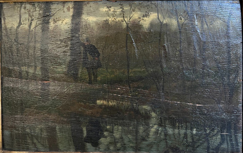 19th Century French School - Barbizon - Country Guard And Reflection In The Water