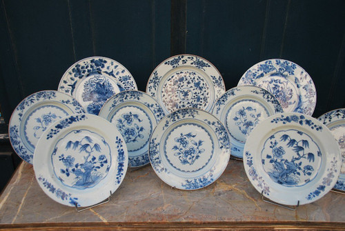 Set of two 17th century blue white dishes and several plates