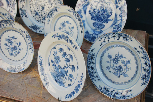 Set of two 17th century blue white dishes and several plates