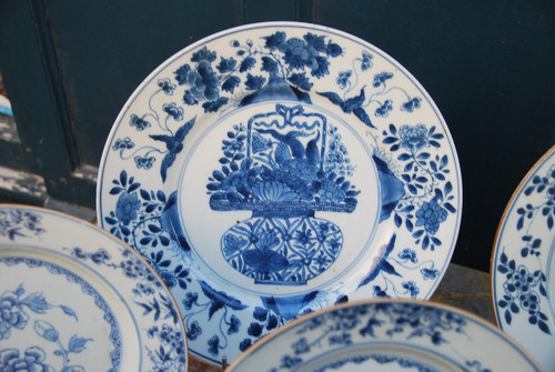 Set of two 17th century blue white dishes and several plates