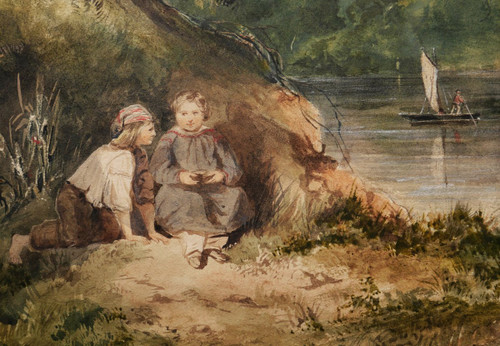 École FRANÇAISE romantique, circa 1830 - 1840, Deux enfants au bord d'une rivière