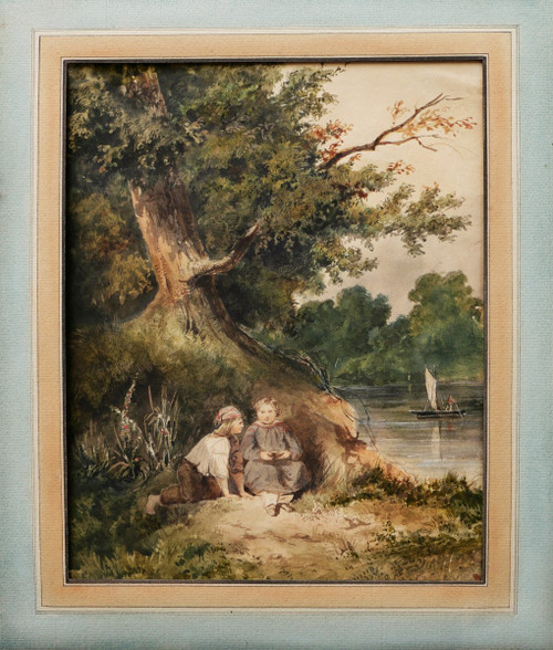 École FRANÇAISE romantique, circa 1830 - 1840, Deux enfants au bord d'une rivière