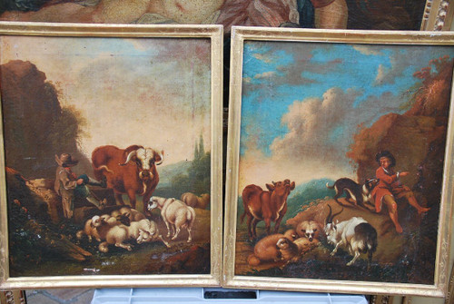 Pair Of Shepherd Canvases, Italy Circa 1750