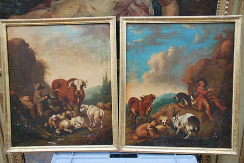 Pair Of Shepherd Canvases, Italy Circa 1750