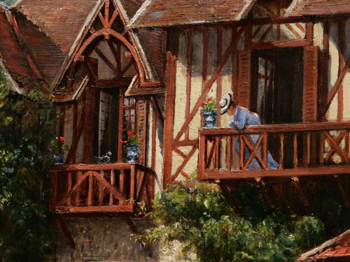 FRENCH school late 19th century, Woman, nanny and child in front of a Norman house