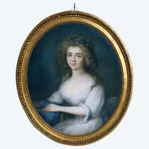 Pastel XIX ème Jeune Femme à La Robe Blanche