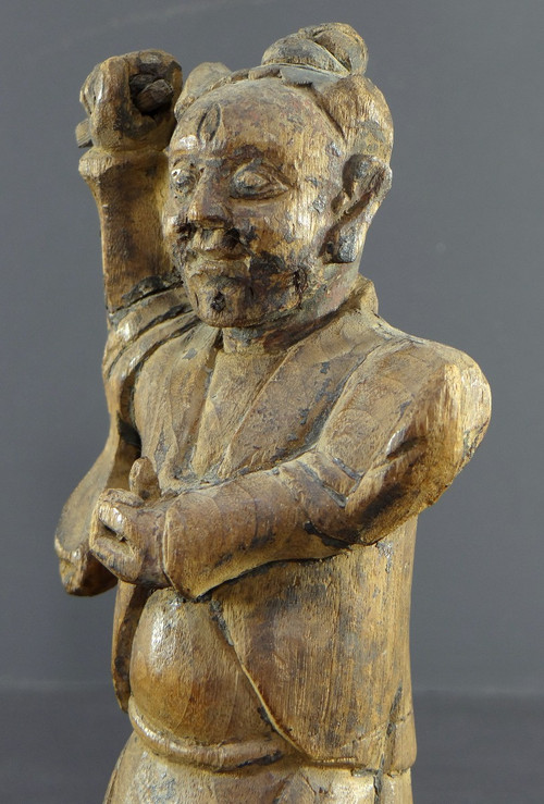 Chine, XVIIIème Siècle, Dynastie Qing, Rare Statue Esprit Démoniaque "yaksha" En Bois Sculpté.