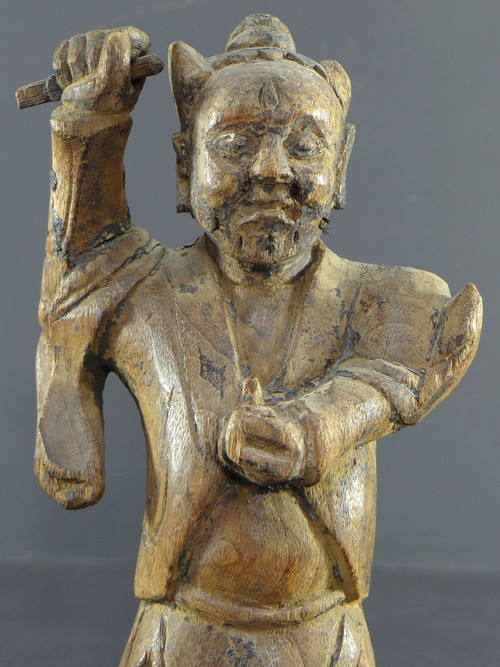 Chine, XVIIIème Siècle, Dynastie Qing, Rare Statue Esprit Démoniaque "yaksha" En Bois Sculpté.