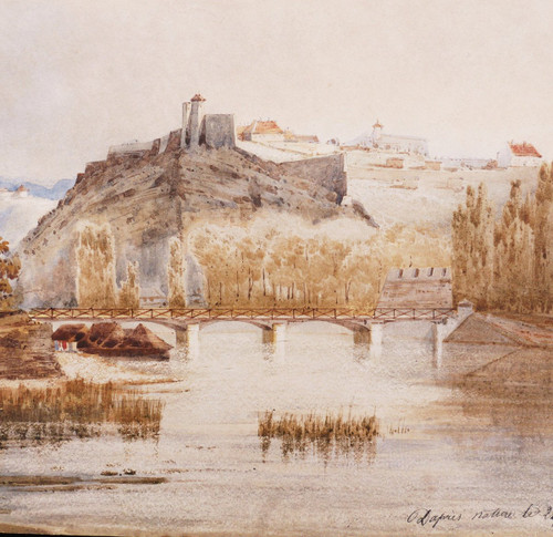 FRENCH school in 1843, Landscape with a fortified village overlooking a river