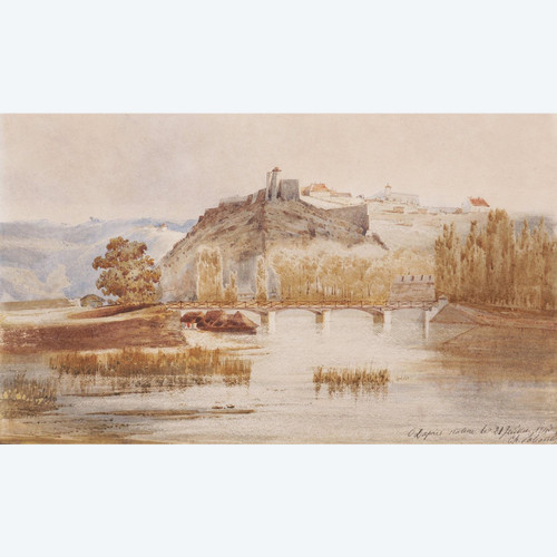 FRENCH school in 1843, Landscape with a fortified village overlooking a river