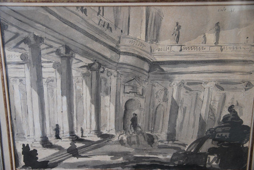 Architekturzeichnung von Palast und Brunnen aus dem 18. Jahrhundert in Italien, Anhänger von Piranesi