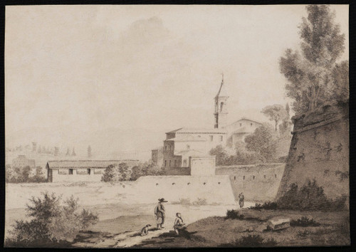 FRENCH school early 19th century, Animated view in Rome: figures, church and ramparts