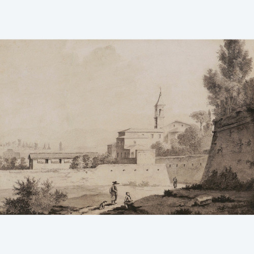 FRENCH school early 19th century, Animated view in Rome: figures, church and ramparts