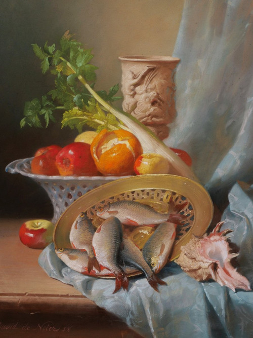 David de NOTER, Nature morte aux fruits, légumes, poissons, coupe et coquillages (large format)