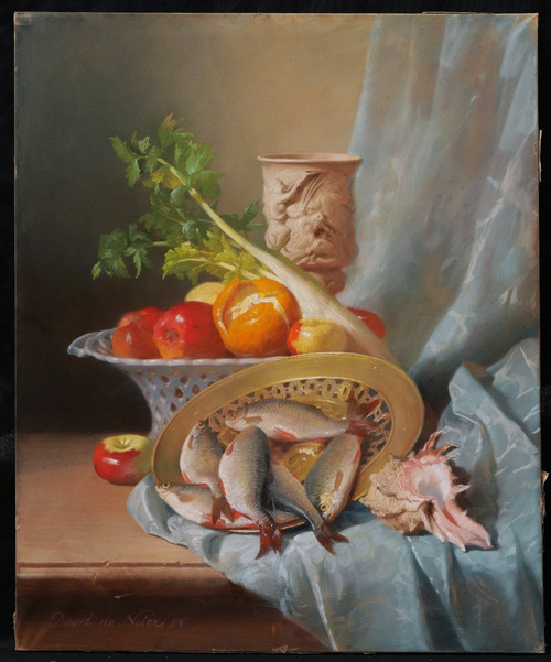 David de NOTER, Nature morte aux fruits, légumes, poissons, coupe et coquillages (large format)