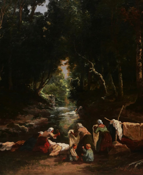 Louis BOULANGÉ, Paysage aux lavandières en forêt de Fontainebleau (large format)