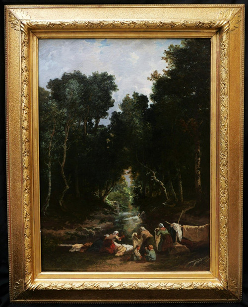 Louis BOULANGÉ, Paysage aux lavandières en forêt de Fontainebleau (large format)