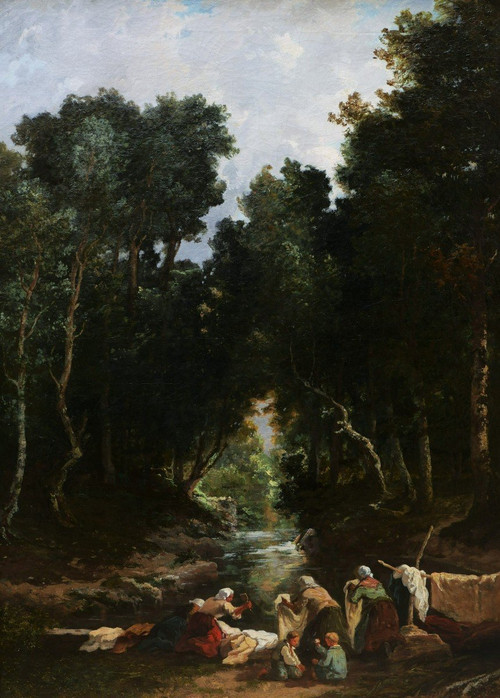 Louis BOULANGÉ, Paysage aux lavandières en forêt de Fontainebleau (large format)