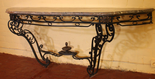 Large Console In Wrought Iron And Marble - 19th Century