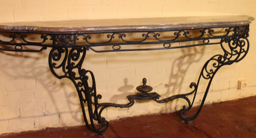 Large Console In Wrought Iron And Marble - 19th Century