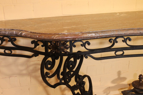 Large Console In Wrought Iron And Marble - 19th Century