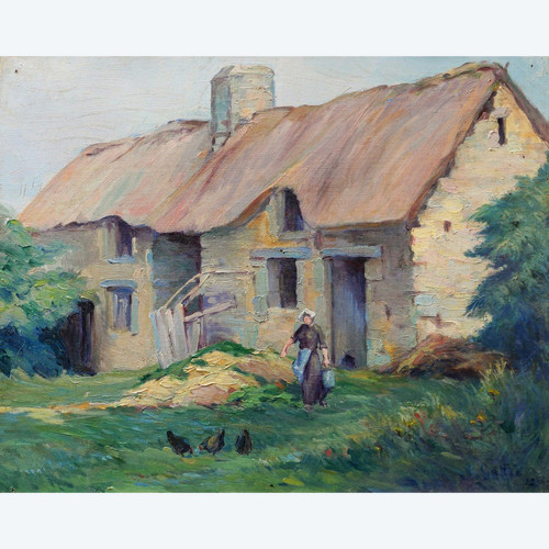 Laurent GALLIO, Farm, farmer's wife and hens, painting