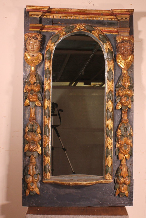 Large 17th Century Spanish Mirror In Polychrome Wood