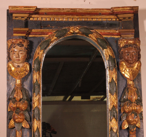 Large 17th Century Spanish Mirror In Polychrome Wood