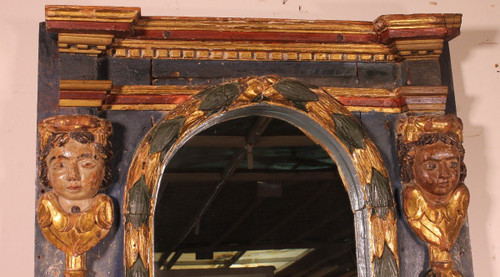 Large 17th Century Spanish Mirror In Polychrome Wood