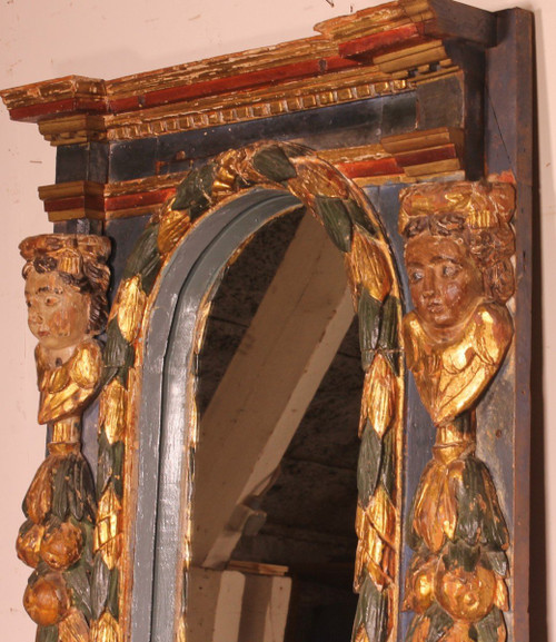 Large 17th Century Spanish Mirror In Polychrome Wood